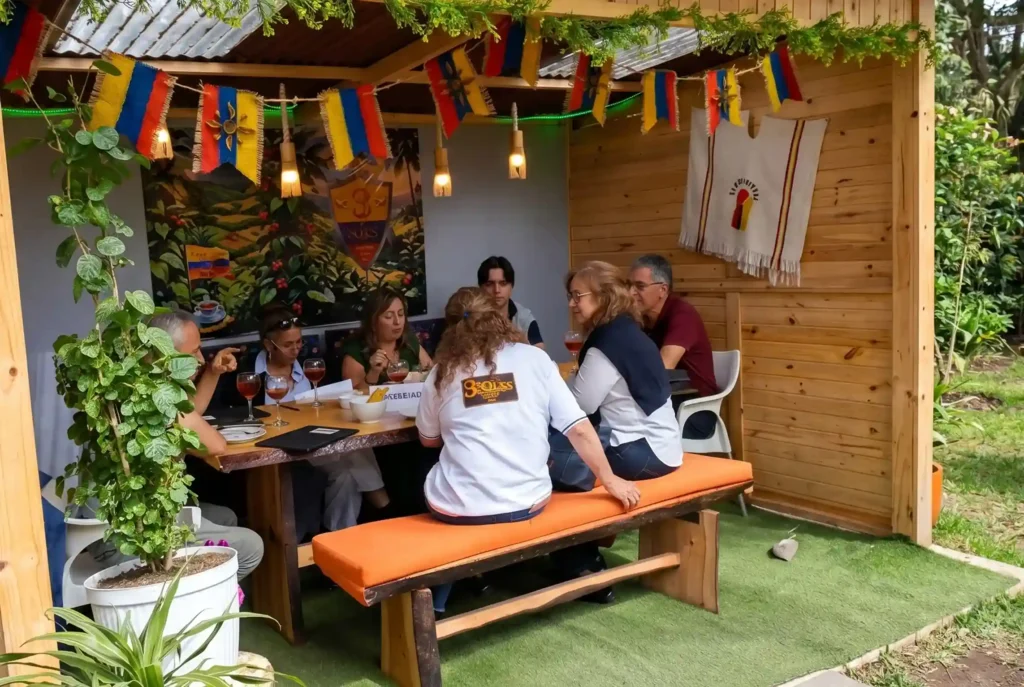 Grupo de docentes disfrutando de un almuerzo en un kiosco privado de madera decorado con banderas de Colombia en el Restaurante 3 Soles.