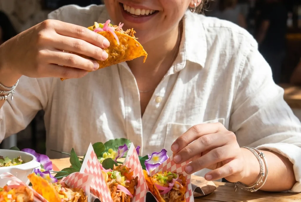 Mujer sonriente disfrutando de unos tacos de birria artesanales con cebolla encurtida en la terraza del Restaurante 3 Soles.