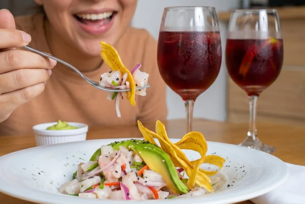 Mujer sonriente disfrutando de un ceviche peruano con patacones y sangría en el Restaurante 3 Soles.