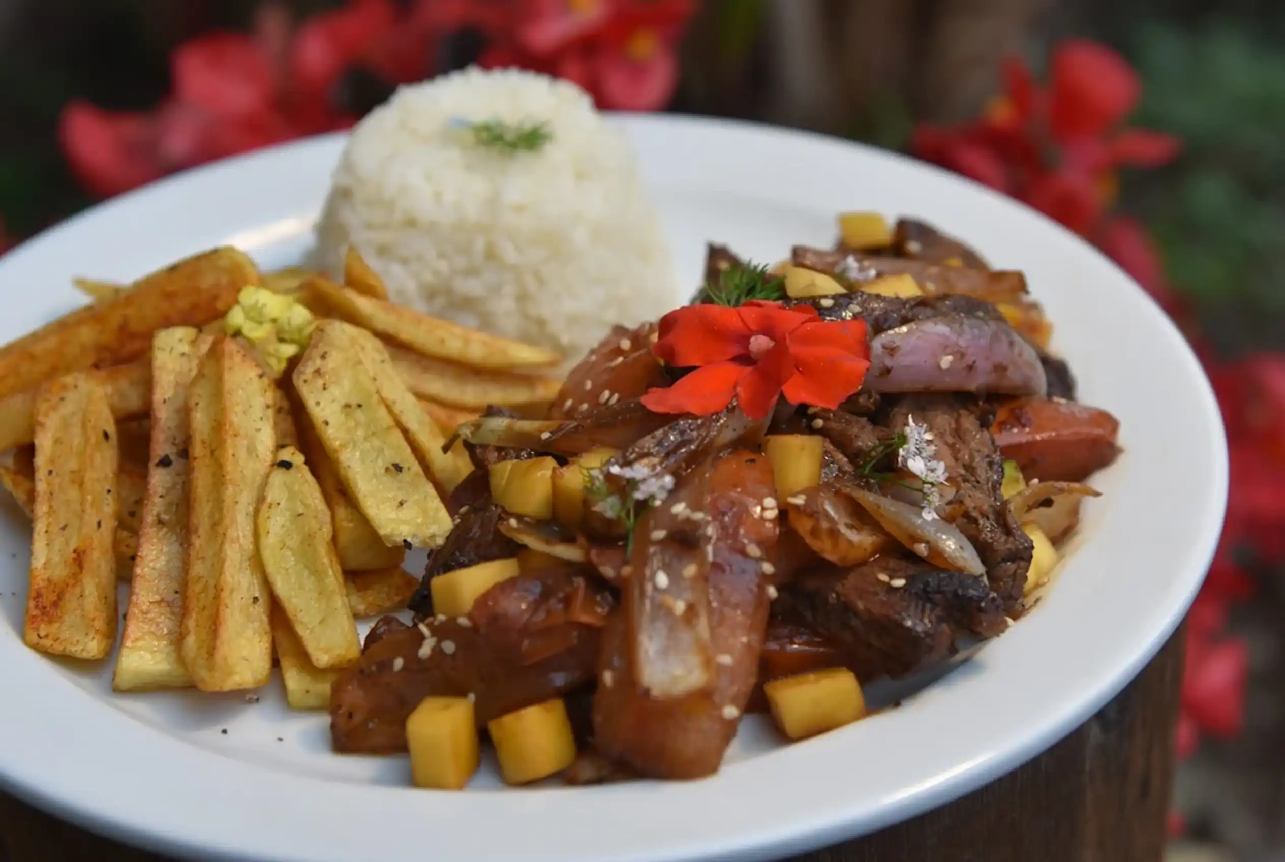 Plato de lomo saltado tradicional servido con papas fritas crocantes y arroz blanco en el Restaurante 3 Soles, Chía.
