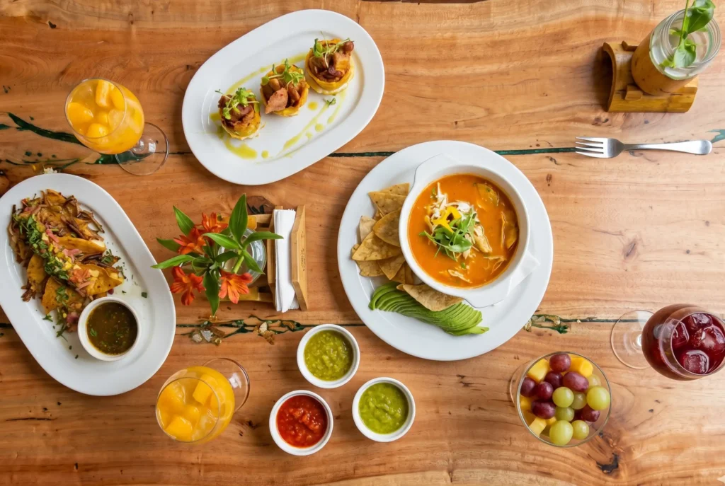 Una mesa con platos de cocina fusión latina: sopa de tortilla, tacos, patacones rellenos y bebidas frutales sobre madera rústica.