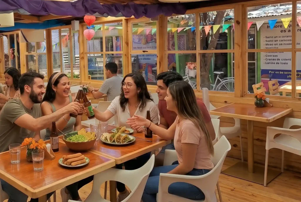 Grupo de amigos celebrando con cervezas, tacos y guacamole en el salón de madera del Restaurante 3 Soles, Chía.