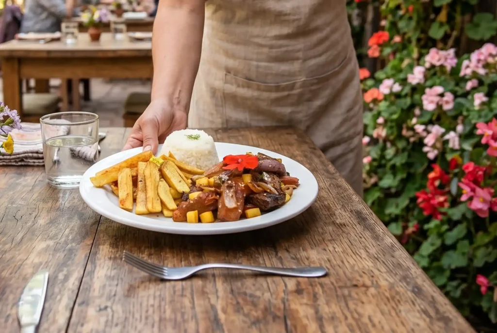 Mesera sirviendo un plato de lomo saltado en una mesa de madera al aire libre en la terraza campestre del Restaurante 3 Soles.