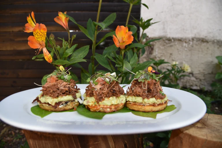 3 arepitas de birria con guacamole y carne desmechada, entrada de fusión en 3 Soles Restaurant