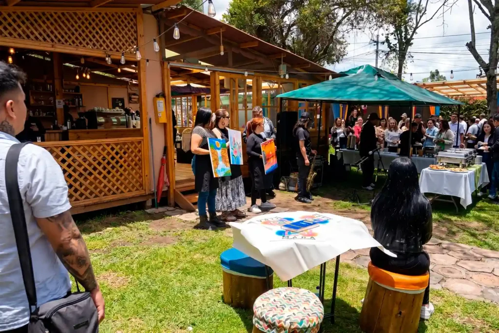 Evento corporativo en jardín de Restaurante 3 Soles con exhibición de pinturas, buffet y música en vivo.