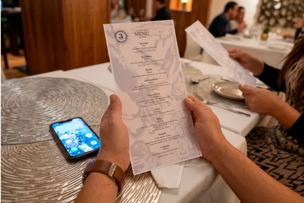 Comensal revisando menú de degustación de 3 tiempos de Restaurante 3 Soles en evento especial.