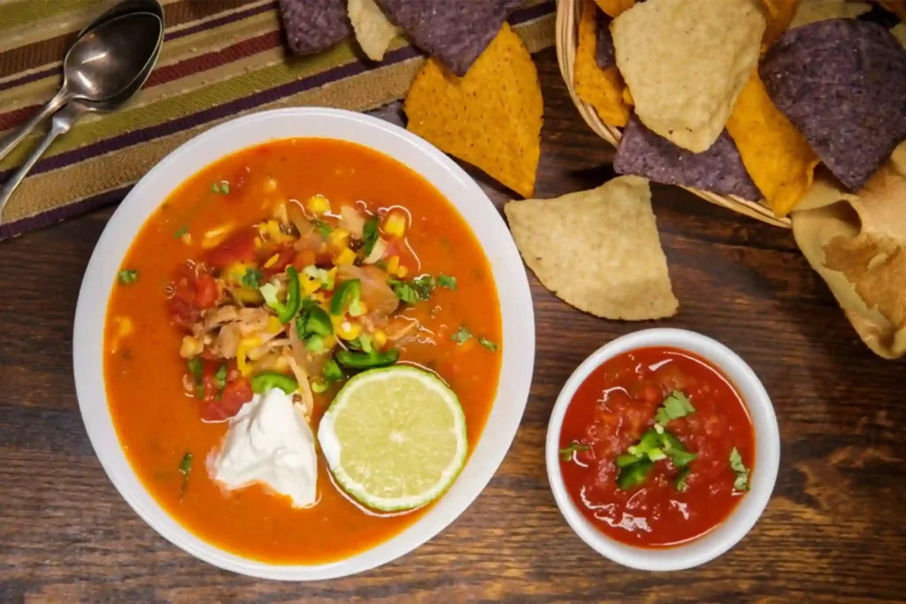 Sopa de totopos mexicana con pollo, maíz y crema en Restaurante 3 Soles, Chía