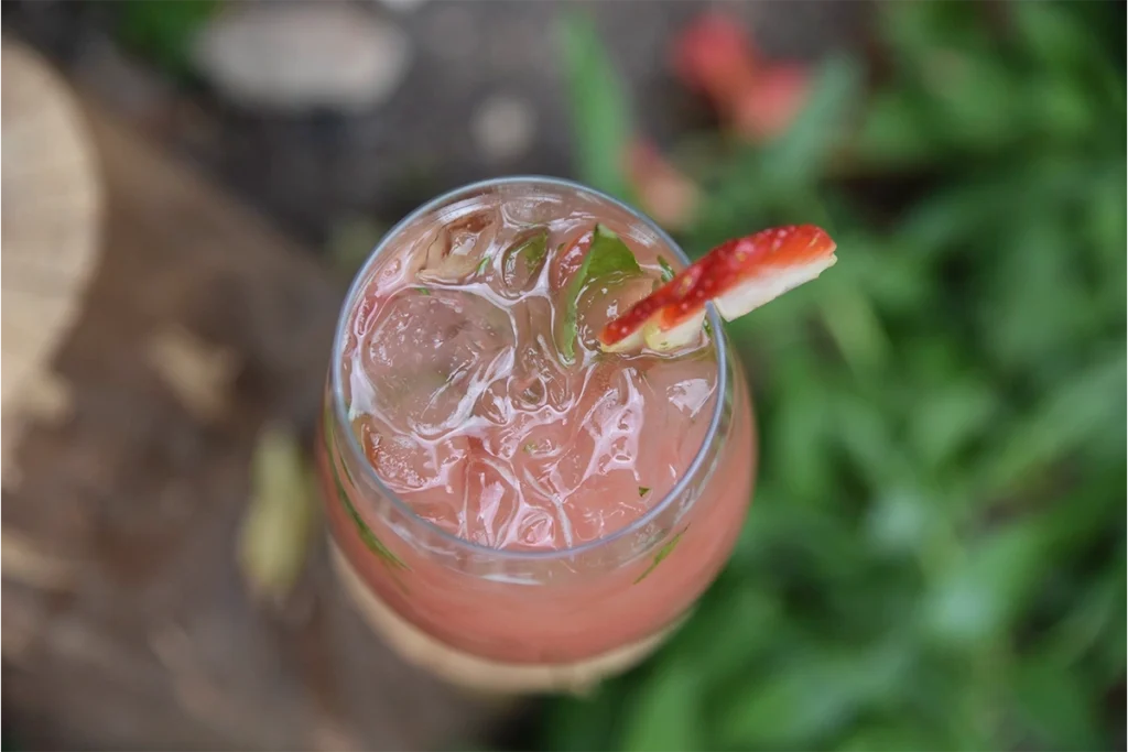 Coctel tropical de fresa con menta y hielo en terraza de 3 Soles Chía