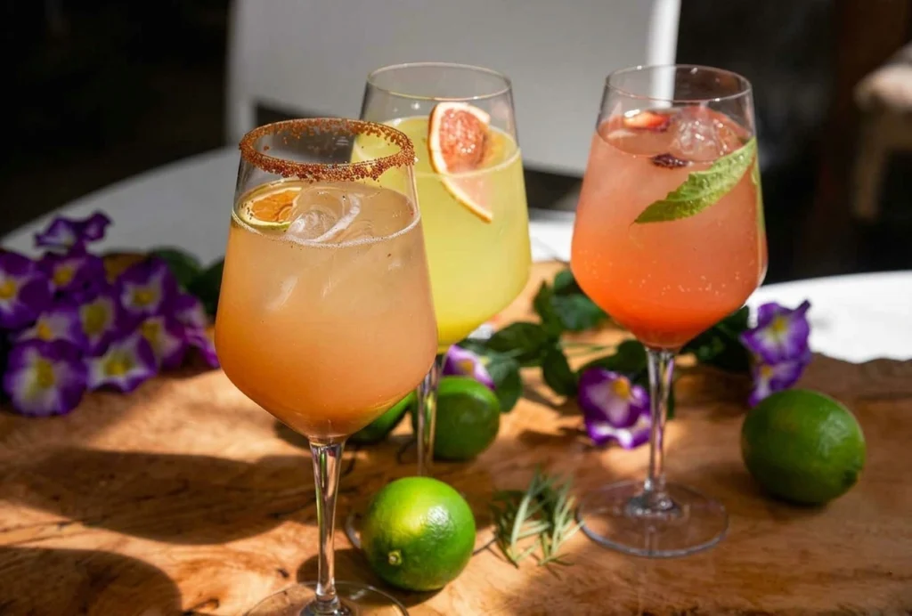 Tres cócteles de frutas decorados con flores y limones en 3 Soles Chía