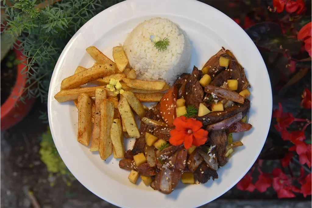 Lomo saltado con papas fritas, arroz y flor comestible en 3 Soles Chía