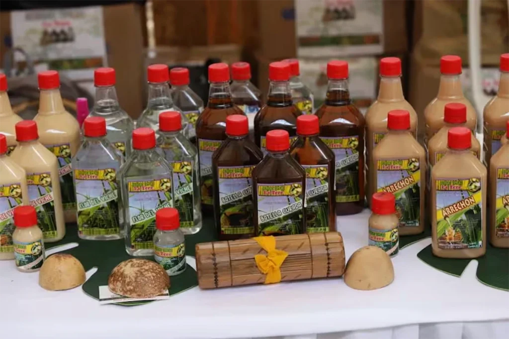 Variedad de botellas de viche artesanal del Pacífico colombiano en exposición