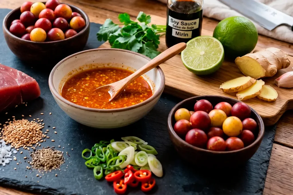 Ingredientes para salsa ponzu con camu camu, jengibre y limón en tabla de cocina
