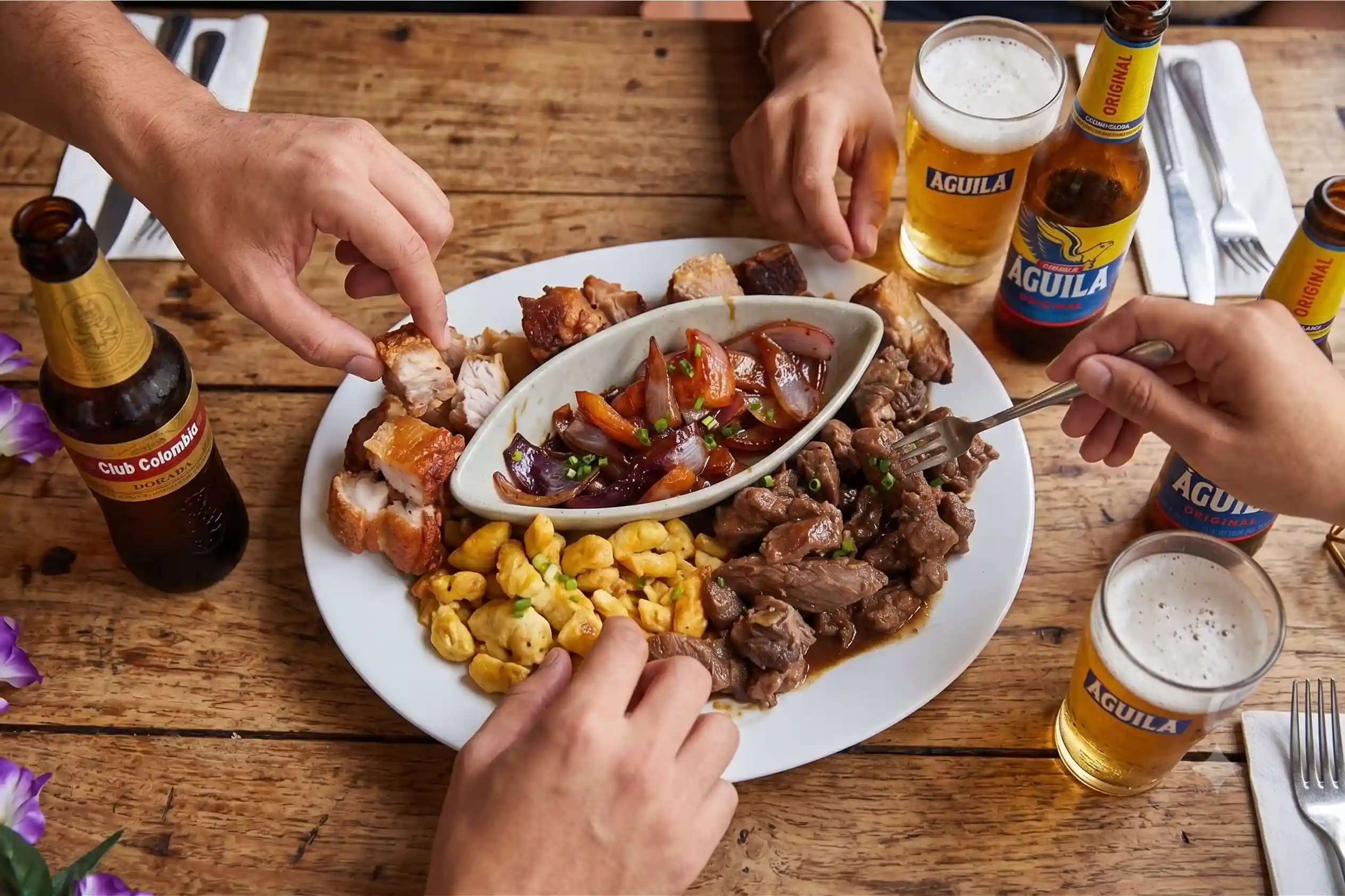 Grupo compartiendo picada de carnes y cervezas en 3 Soles durante el Mundial