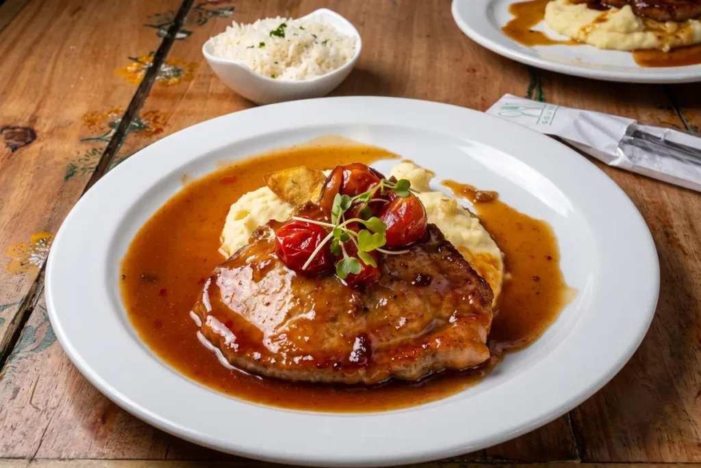 Plato de bondiola de cerdo en salsa de curuba con puré de papa servido sobre mesa de madera.