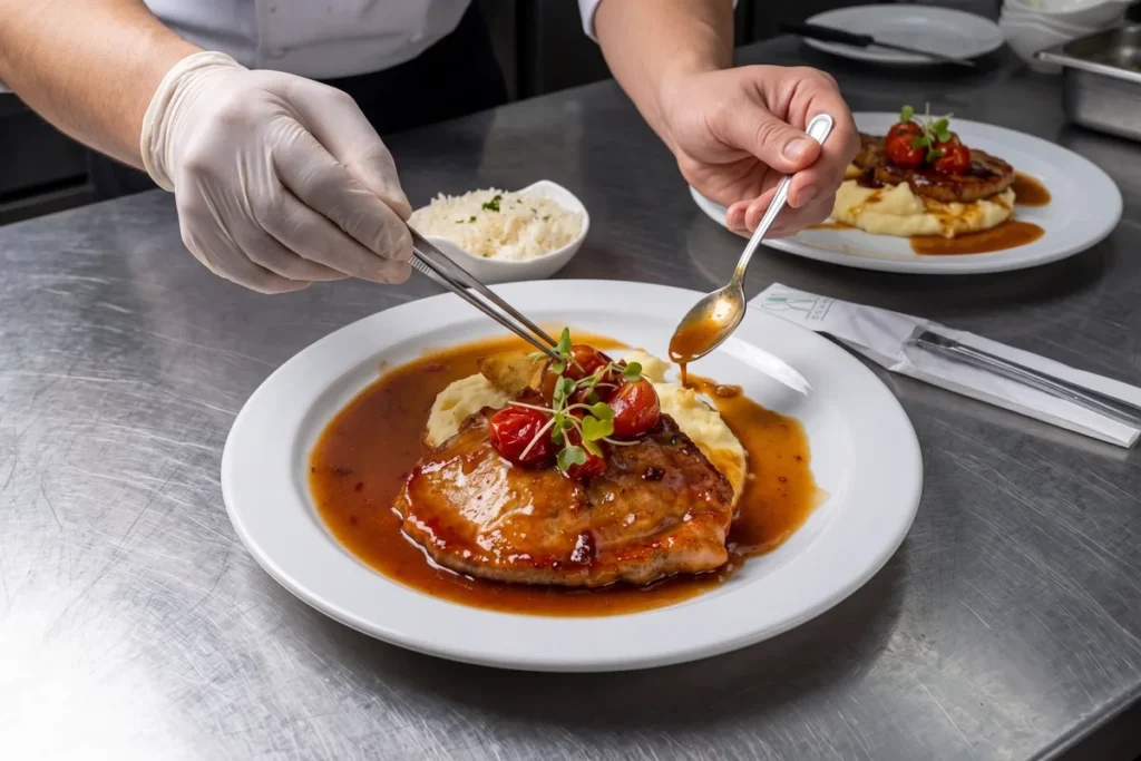 Chef decorando un plato de bondiola de cerdo en salsa de curuba en un restaurante de Chía.