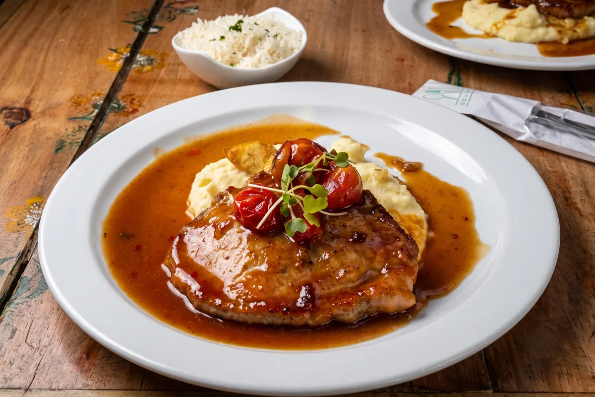 Plato de bondiola de cerdo en salsa de curuba con puré de papa servido sobre mesa de madera.