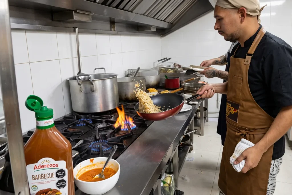 Chef salteando un plato chaufa de camarón fusión peruana en la cocina del restaurante en Chía.