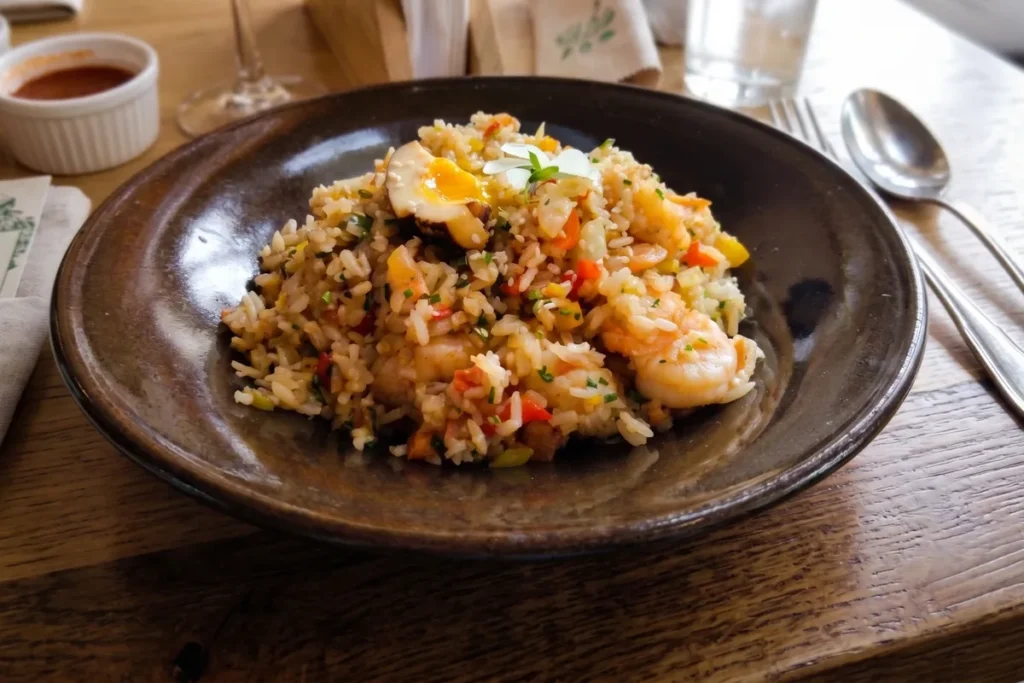 Plato de arroz chaufa de camarón fusión peruana china servido en restaurante 3 Soles en Chía.