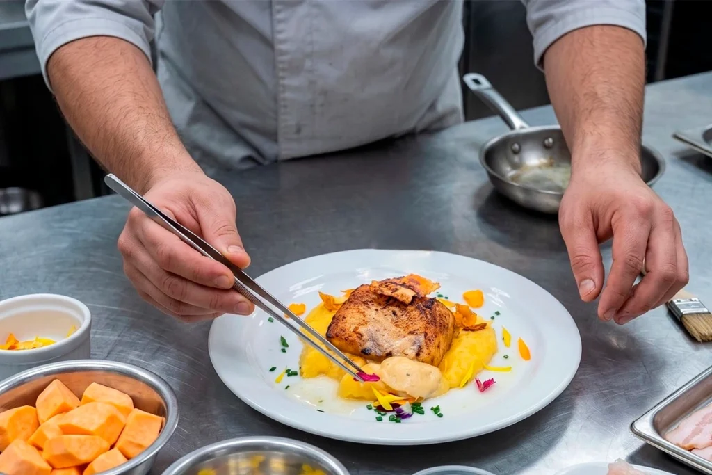 Chef emplatando un plato gourmet con copoazú, superfruto amazónico, en cocina de restaurante en Chía.