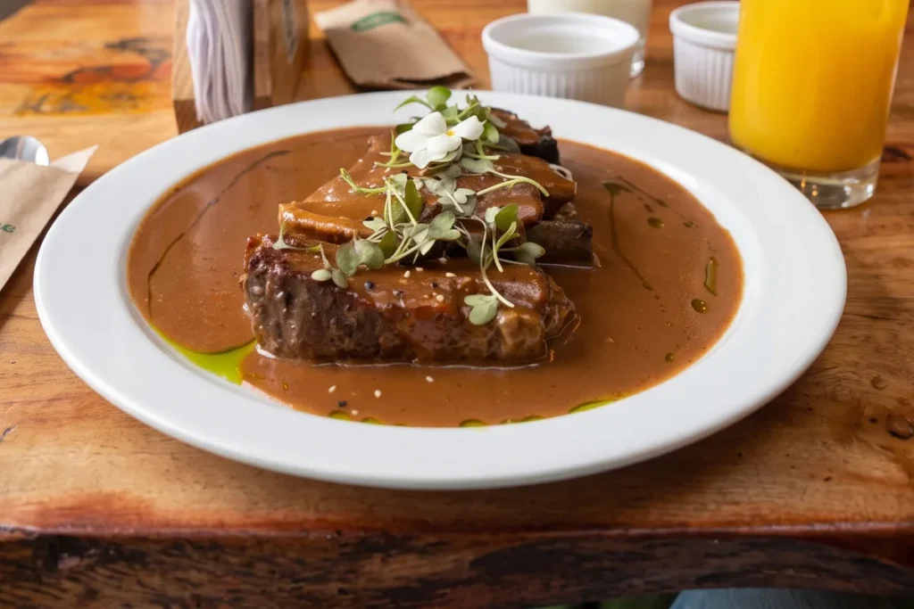 Plato de costillas BBQ en salsa de tamarindo servido en el restaurante 3 Soles en Chía.