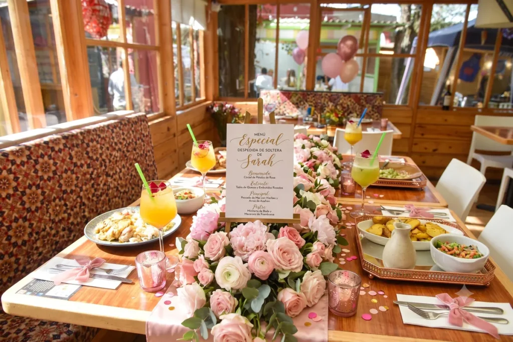 Mesa decorada con flores y menú para una despedida de soltera en el restaurante 3 Soles.