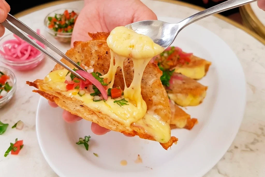 Quesadilla vegetariana con queso fundido y pico de gallo en el restaurante 3 Soles en Chía.