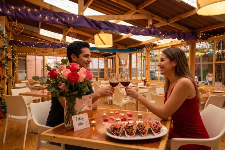 Pareja brindando con copas de vino tinto durante una cena romántica de Amor y Amistad en un restaurante decorado en Chía.