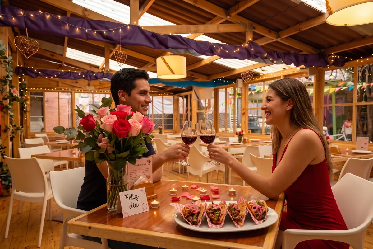 Pareja brindando con copas de vino tinto durante una cena romántica de Amor y Amistad en un restaurante decorado en Chía.