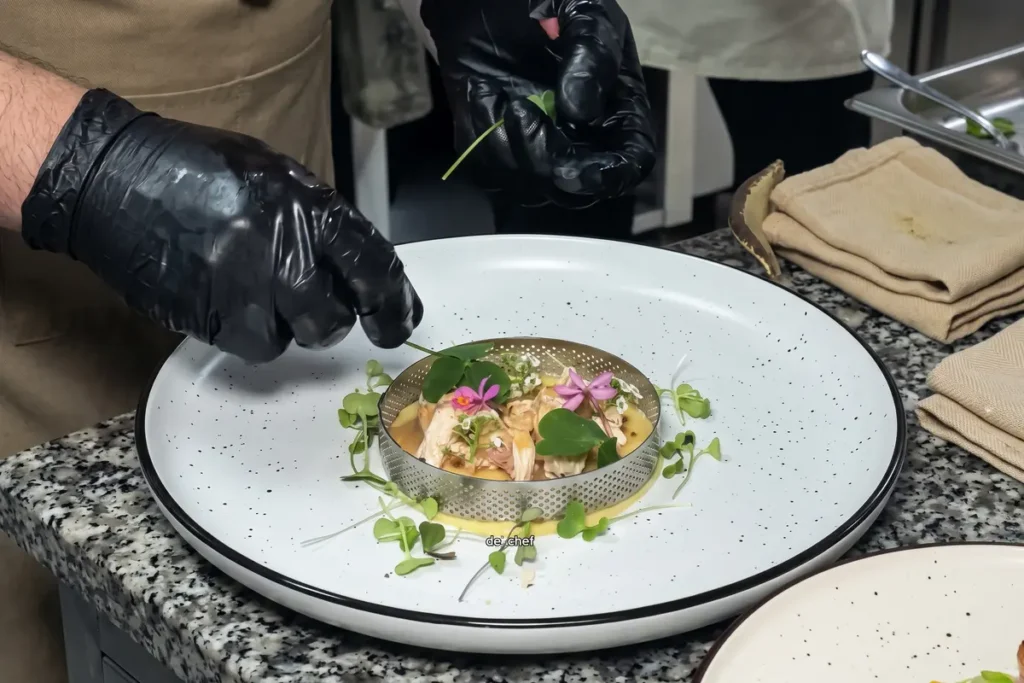 Chef emplatando un plato gourmet con flores comestibles para un menú degustación cerca de Bogotá.