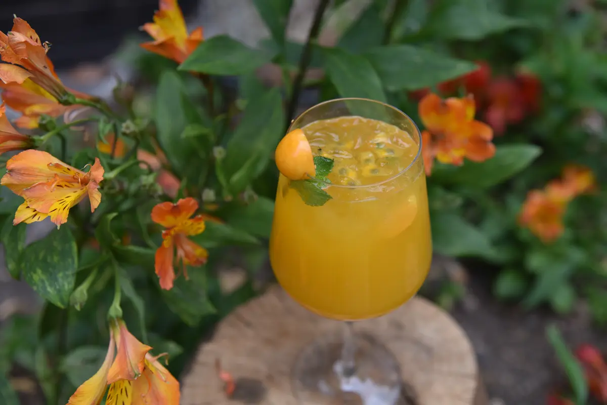 Copa de cóctel de frutas tropicales decorada con uchuva y menta junto a flores naranjas en Chía.