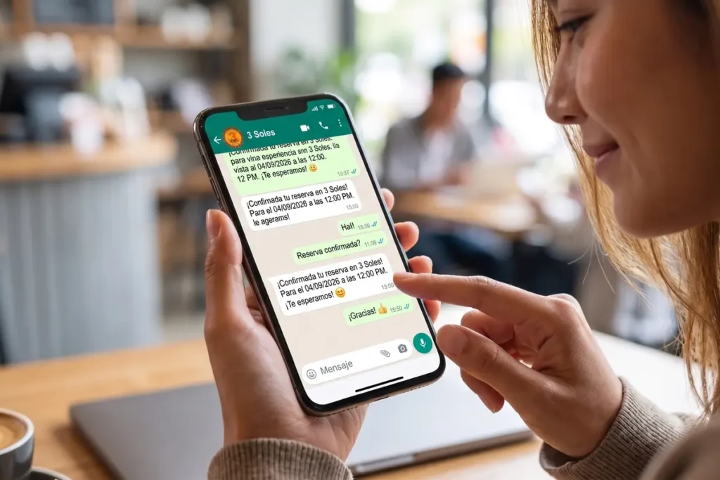 Mujer revisando en su celular la confirmación de una reserva por WhatsApp para el restaurante 3 Soles en Chía.