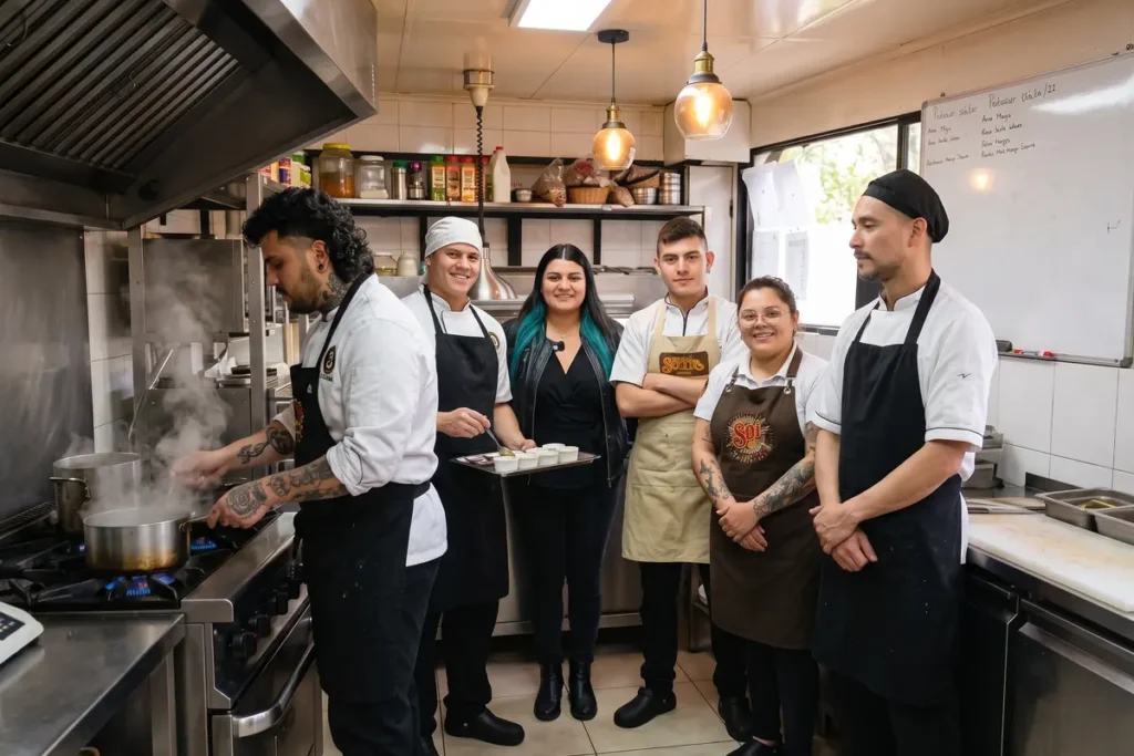 Equipo de chefs y personal de cocina posando en el restaurante 3 Soles en Chía.