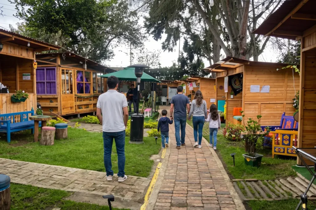 Familia caminando por un sendero de ladrillo rodeado de cabañas de madera en un restaurante campestre cerca de Bogotá.