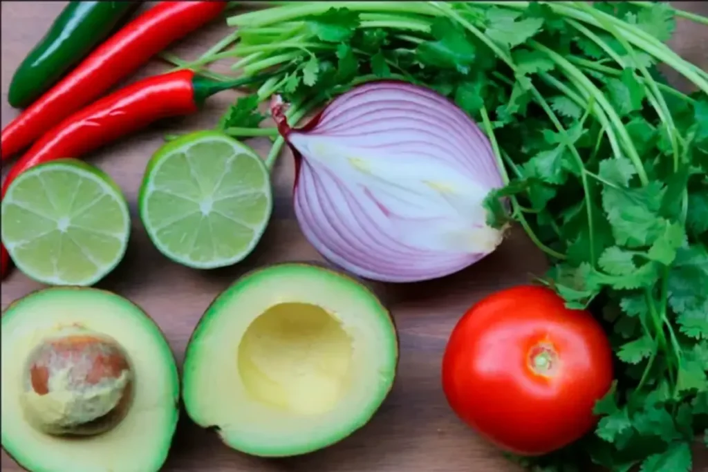 Fresh ingredients for Latin fusion cooking featuring avocado, limes, red onion, chili peppers, tomato, and cilantro.