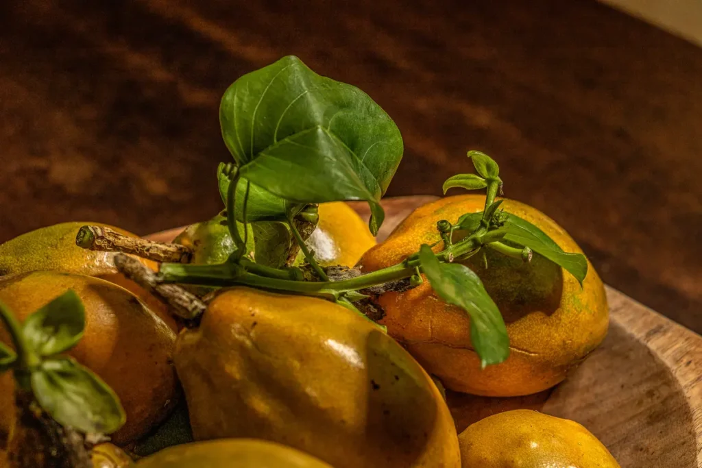 Frutas exóticas colombianas como curubas y lulos frescos servidos en un cuenco de madera en Chía.