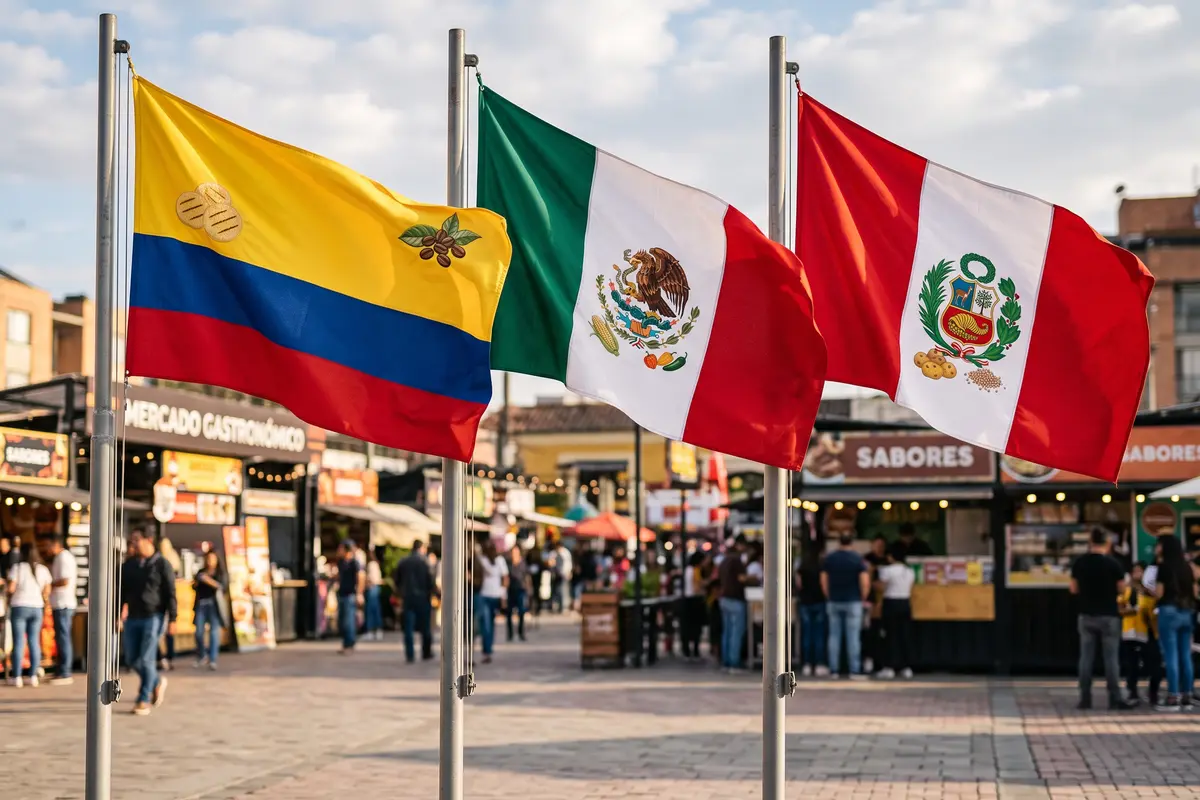 Banderas de Colombia, México y Perú flameando al aire libre frente a un mercado gastronómico en Chía