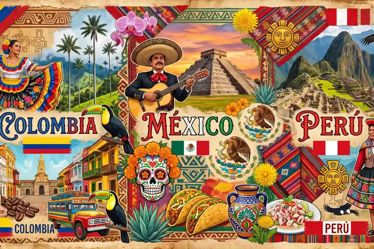 Mural ilustrado que representa la fusión de las culturas de Colombia, México y Perú para la historia del restaurante 3 Soles en Chía.