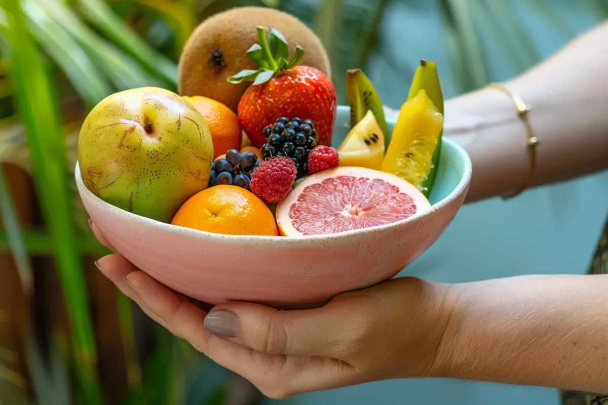 Manos sosteniendo un tazón de cerámica con variedad de frutas e ingredientes nativos frescos en Chía.