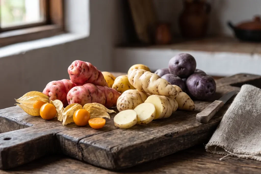 Variedad de tubérculos andinos y uchuvas frescas sobre tabla de madera para preparar el plato Chiminigagua en Chía.