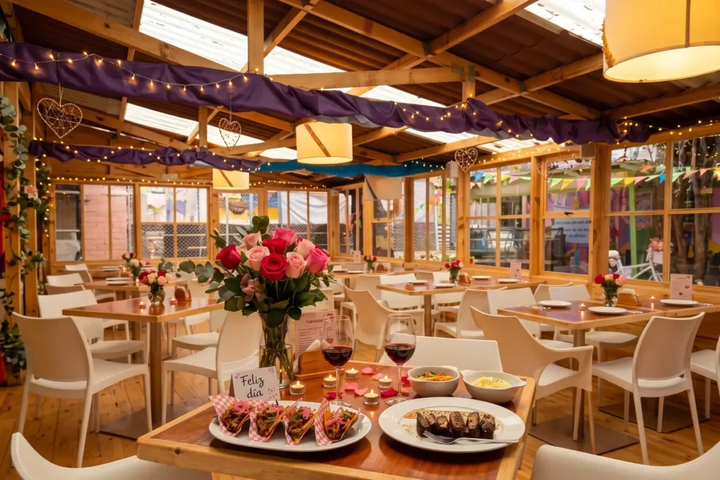 Mesa de restaurante decorada para Amor y Amistad en Chía con flores, velas, tacos, carne y copas de vino.