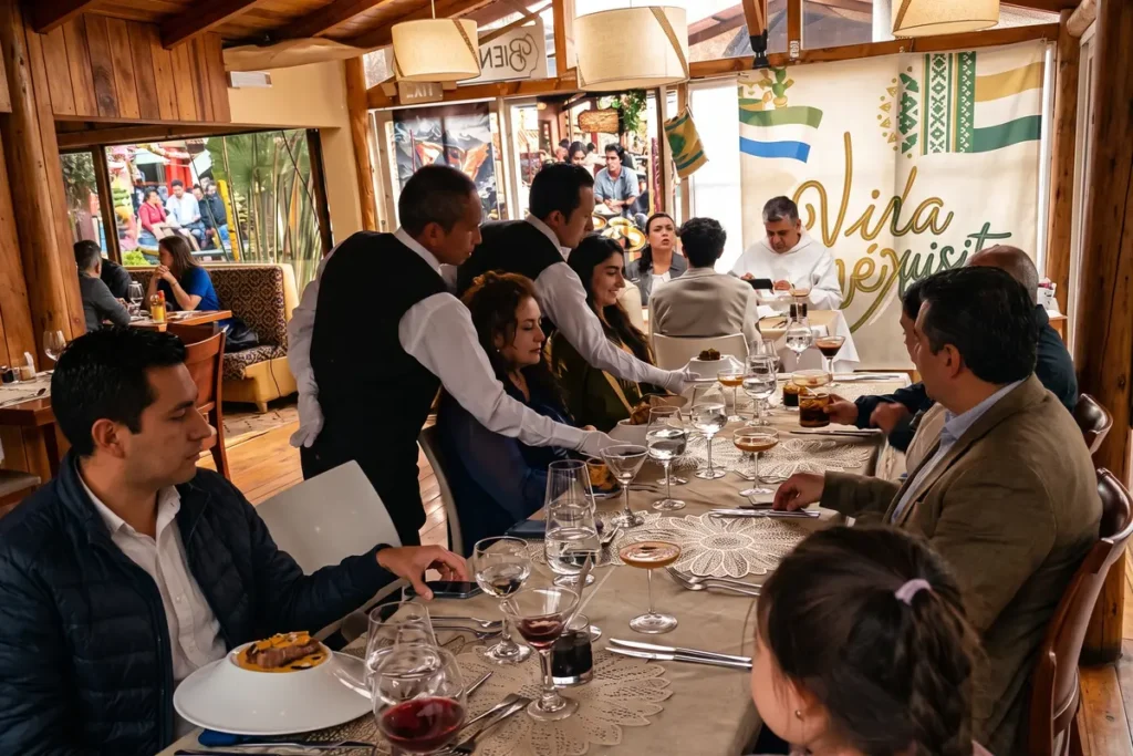 Meseros atendiendo a un grupo de personas en una mesa elegante dentro de un restaurante en Chía.