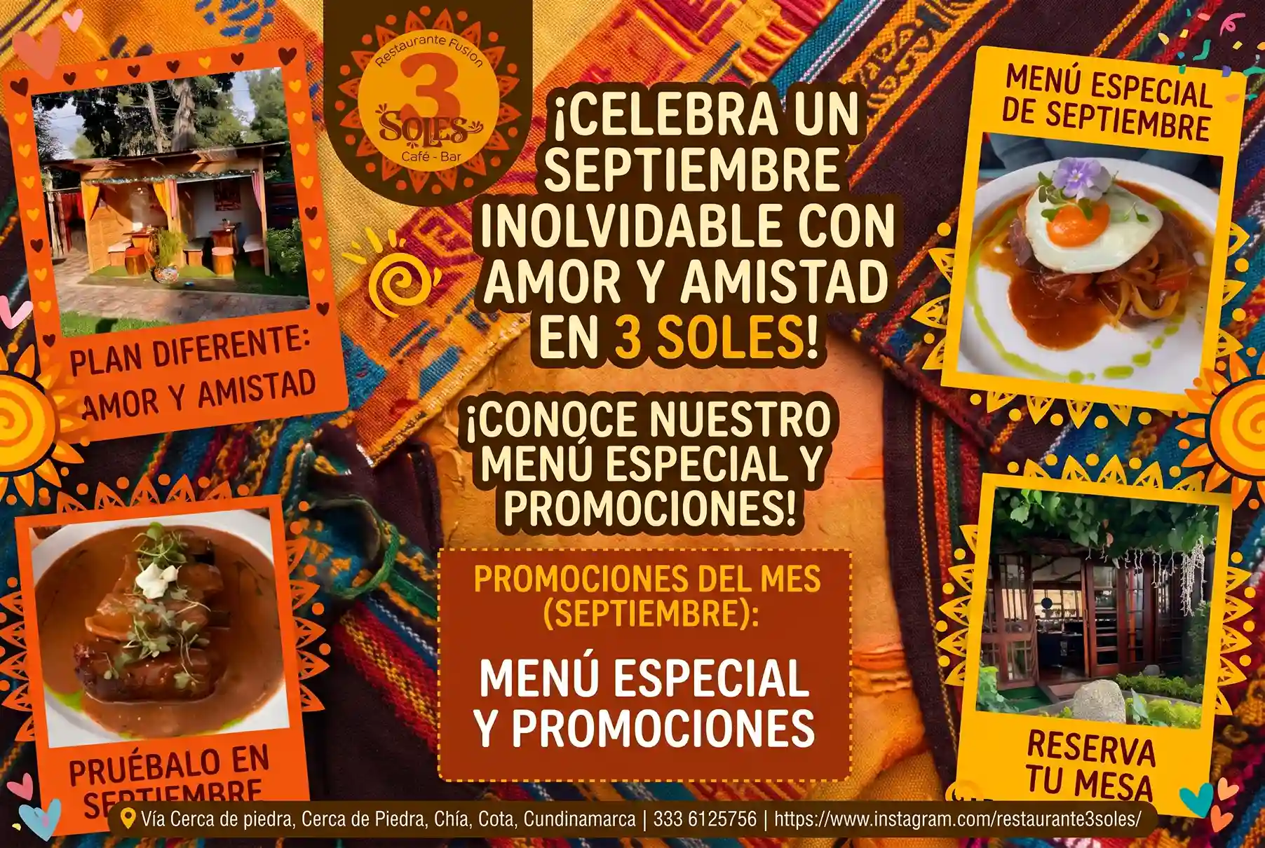 Afiche promocional de Amor y Amistad en el restaurante 3 Soles con platos especiales, promociones de septiembre y fotos del lugar en Chía.