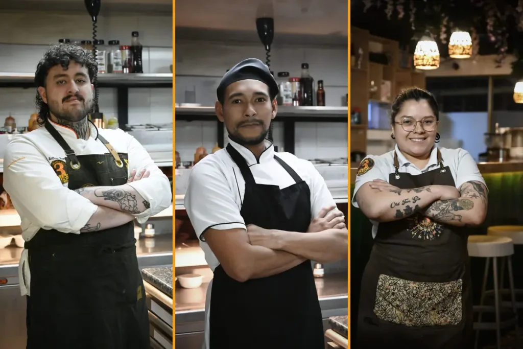 Three-panel photo collage featuring professional chefs and kitchen staff posing in a restaurant.