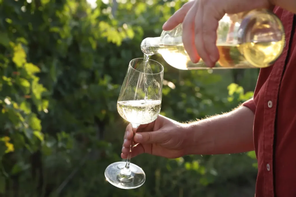 Persona sirviendo vino blanco frío en una copa durante una experiencia de maridaje al aire libre.