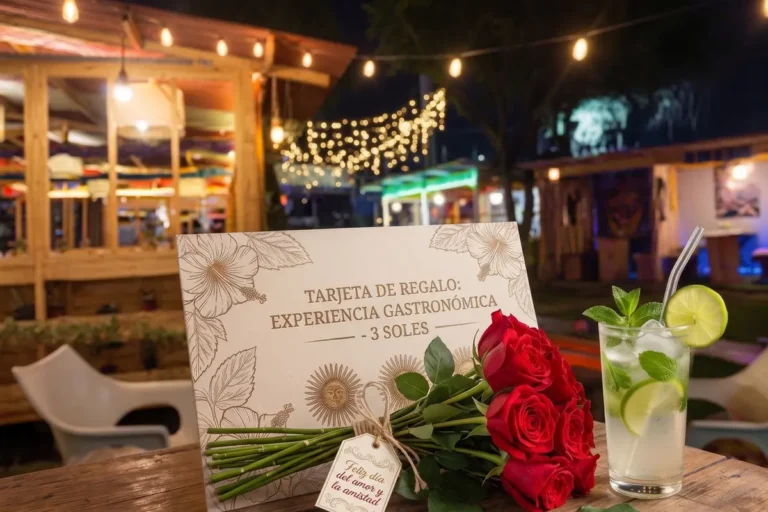 Tarjeta de regalo para gastronomic experience con ramo de rosas rojas y cóctel en restaurante de Chía.